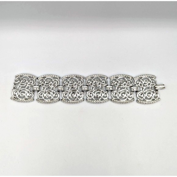 Silver Tone Filigree Bracelet Ornate Vintage Unsigned Fold Over Clasp 7.5" - Picture 2 of 8